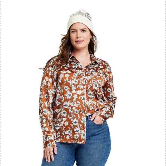 2X 🔖 LA LIGNNE x Target SOLD OUT Women's Floral Button Front Blouse Brown Silky - Picture 8 of 17